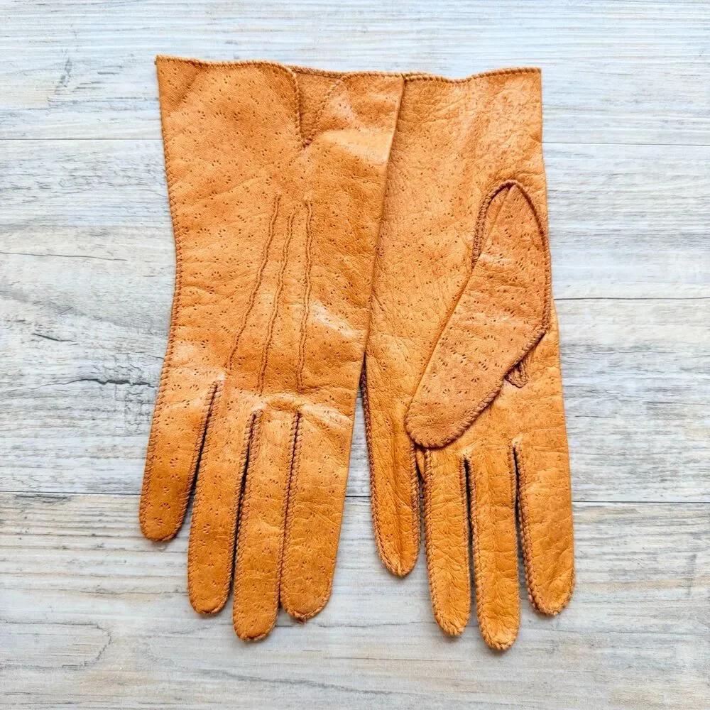 Vintage Peccary Leather Gloves Tan Soft Driving Dress Unlined Classic Pigskin
